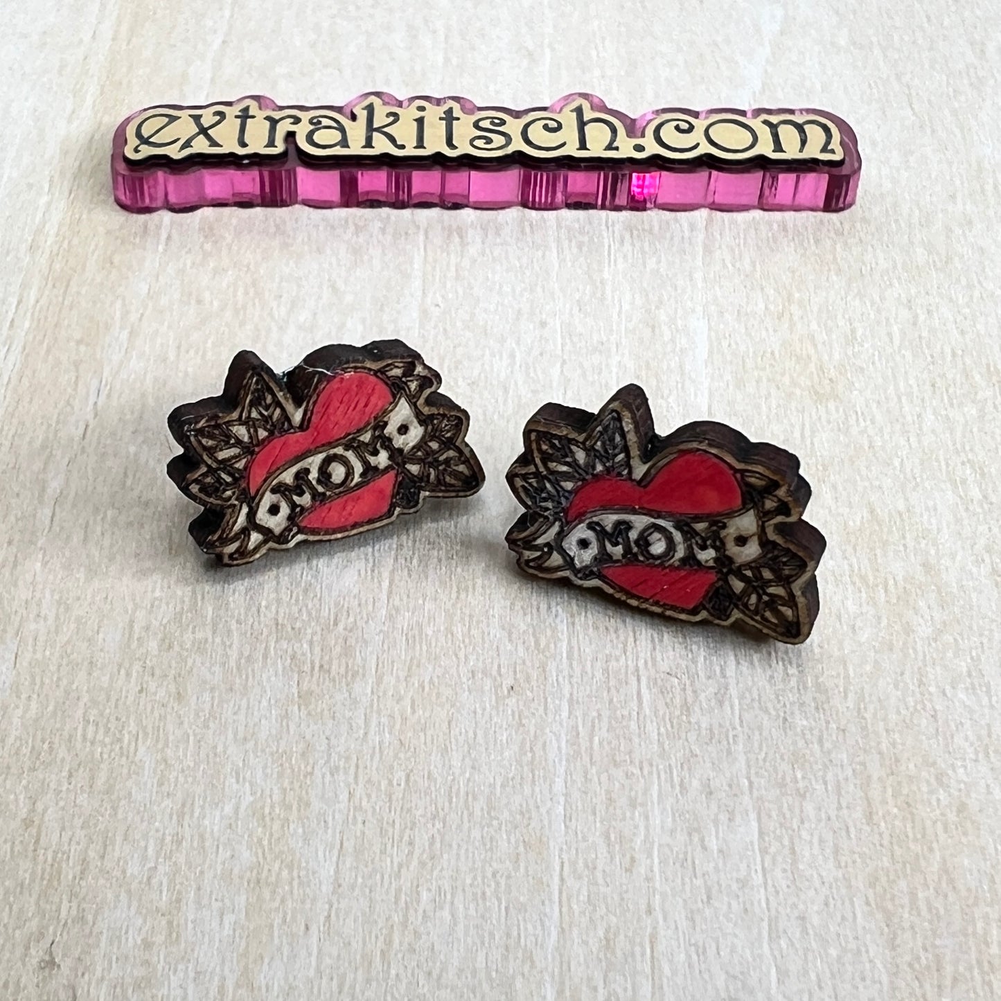 Old School Mom Tattoo Earrings – Hand-Painted Wooden Studs