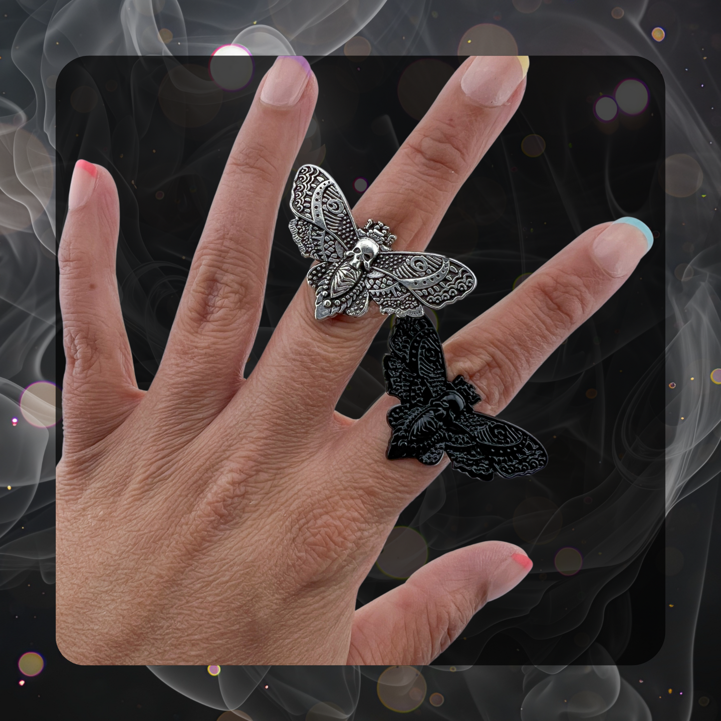 Gothic Moth Statement Ring – Adjustable in Black or Silver