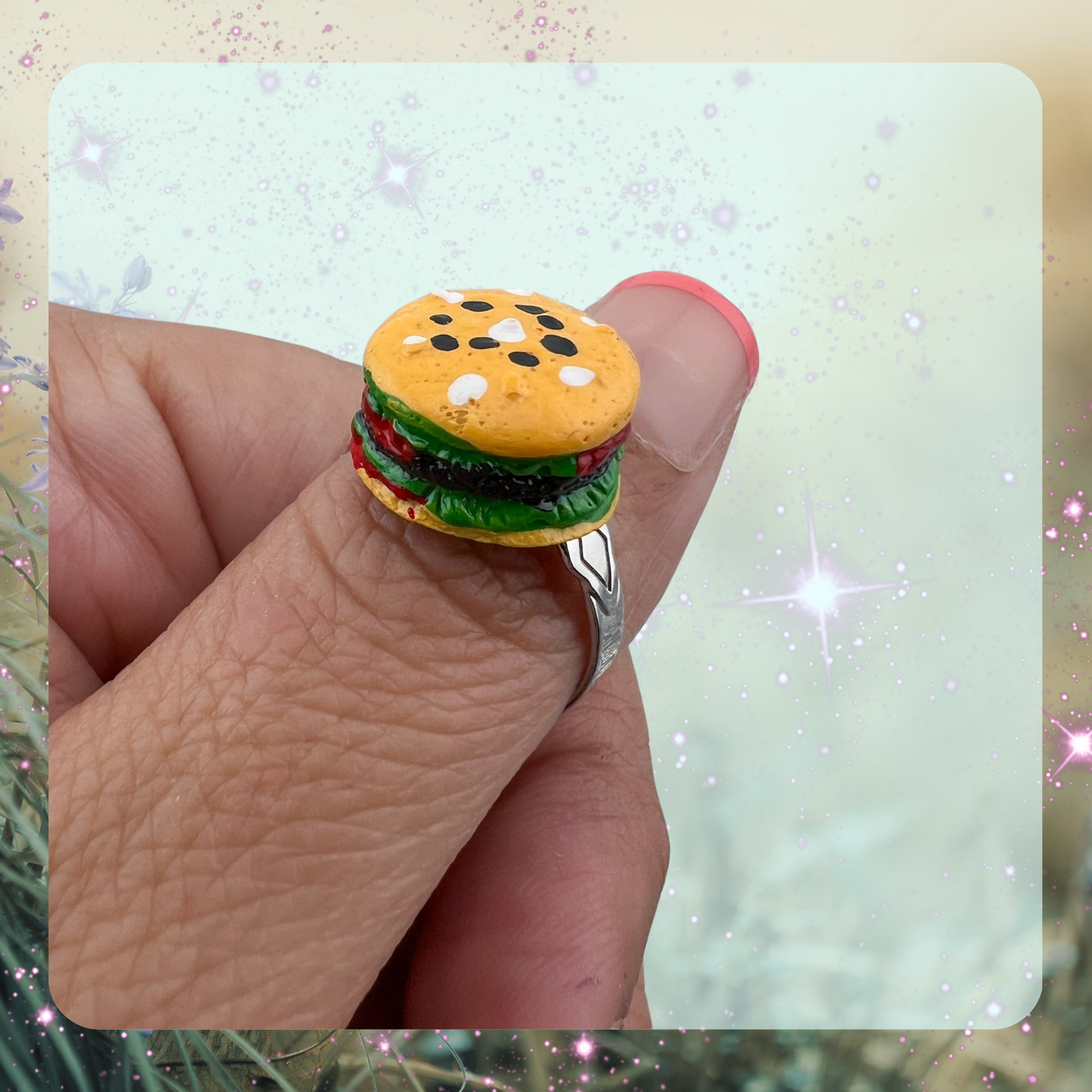 Mini Hamburger Ring – Handmade Adjustable Burger Jewelry