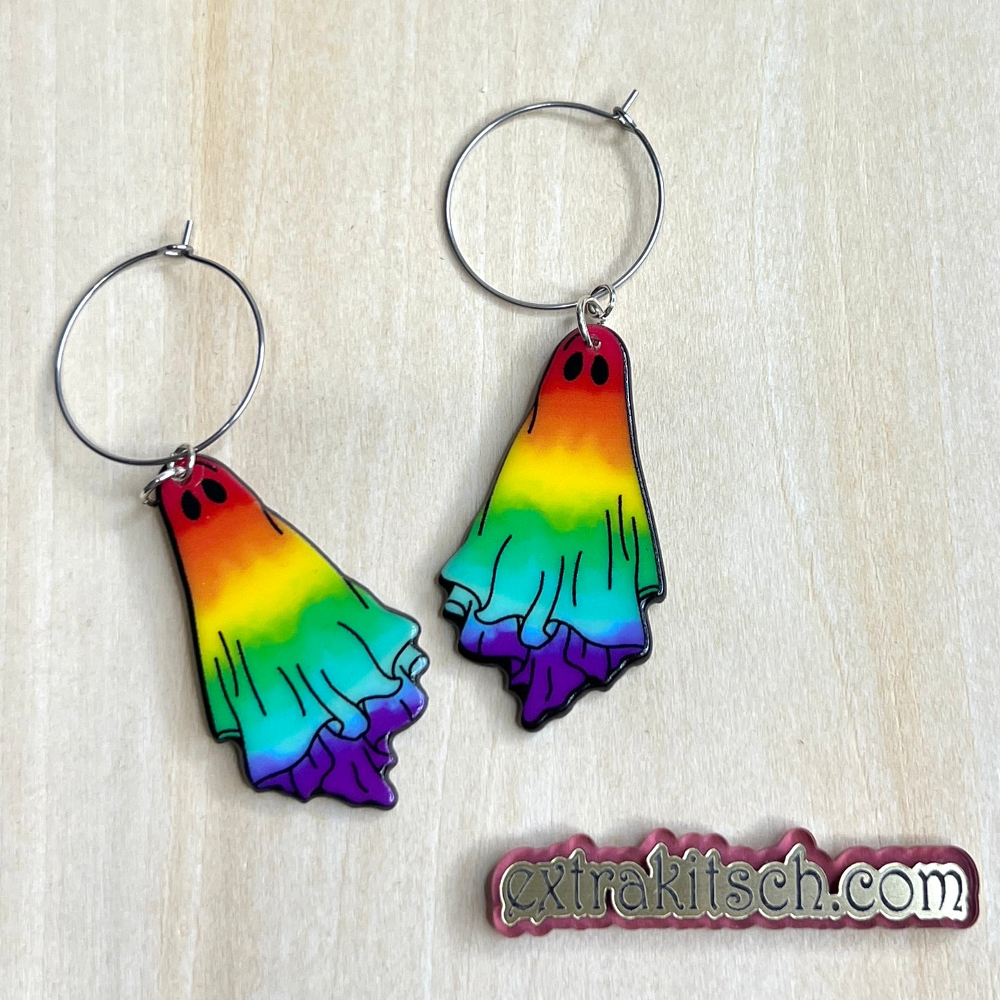 Rainbow Ghost Earrings – Pride Spooky Cute Acrylic Hoops