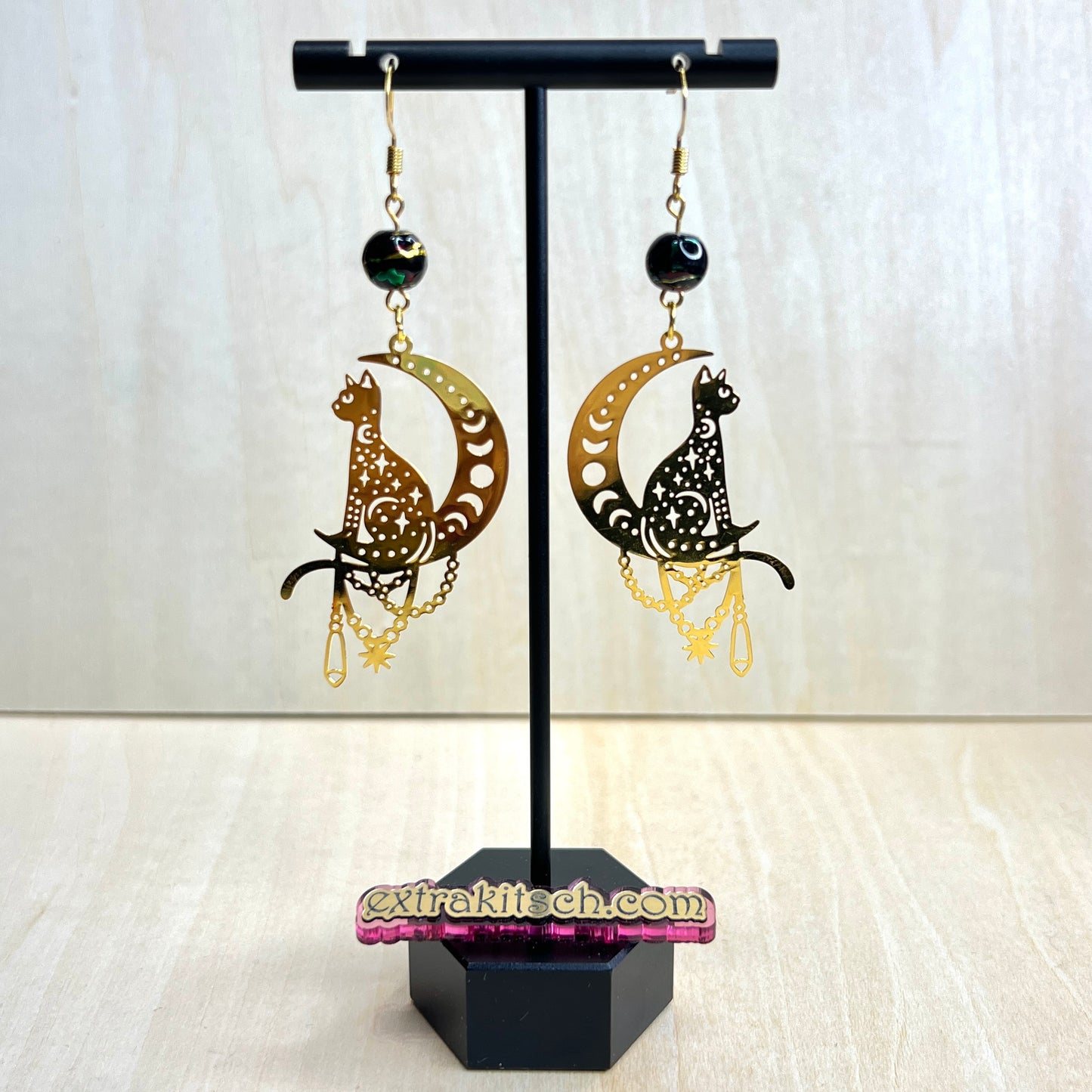 Boho Cat & Crescent Moon Earrings – Gold or Black
