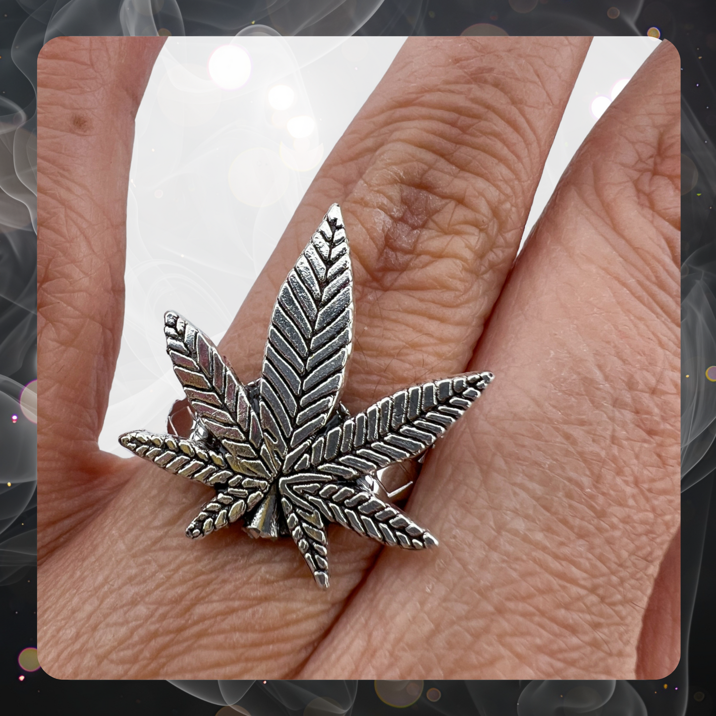 Handmade weed leaf ring on finger