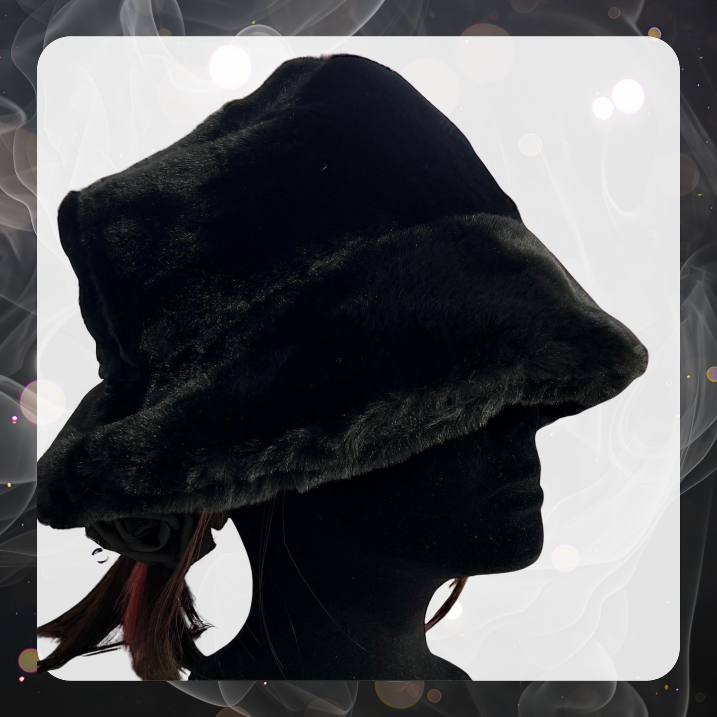 Picture shows a black velvet mannequin head wearing a black faux fur bucket hat.