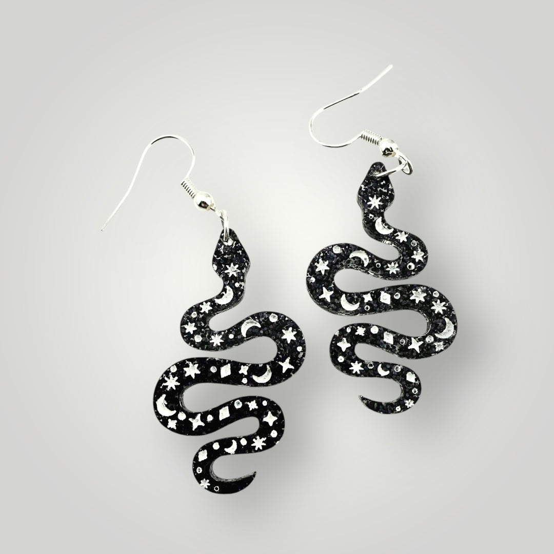 Black Glitter Mystical Snake Earrings