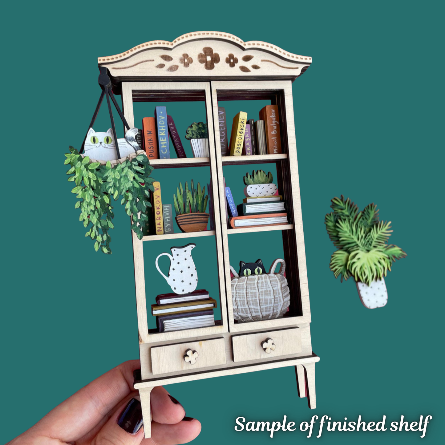 DIY Mini Bookshelf Kit – Laser Cut Wood Craft with Books, Cats, & Plants