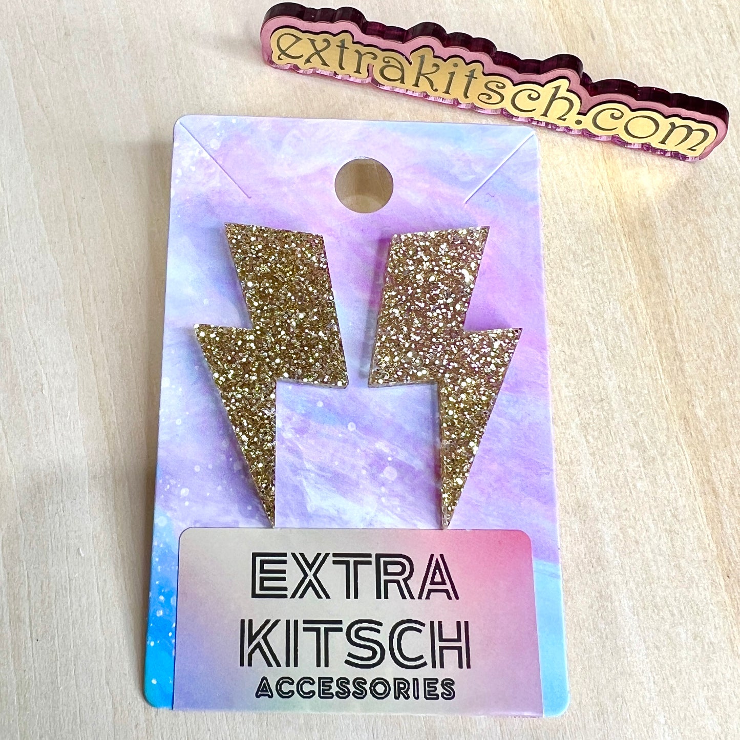 Gold Glitter Lightning Bolt Earrings – Retro Y2K Statement Studs