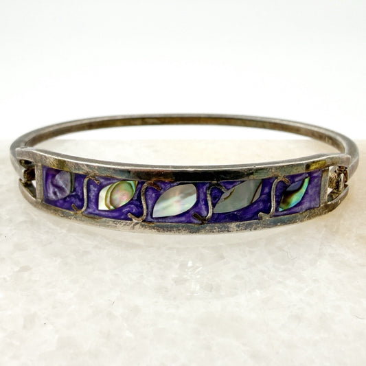 Vintage Silver with Purple Leaf Abalone Inlay Bracelet