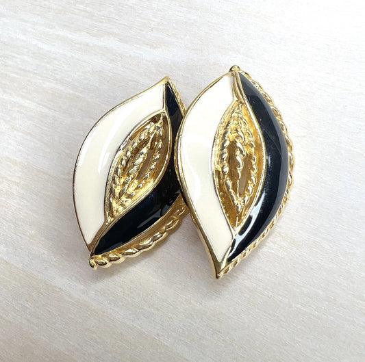 Vintage Trifari Black & White Enamel Leaf Clip On Earrings