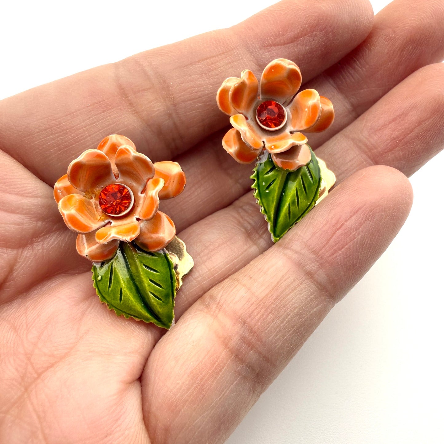 Retro Orange Flower Brooch and Clip On Earring Set