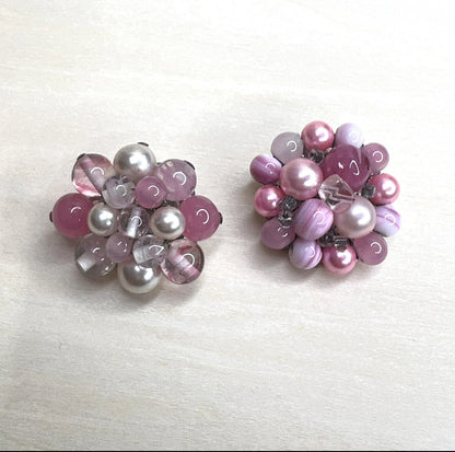 Vintage Pink Bead Cluster Clip-On Earrings (Japan)