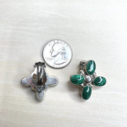 Vintage Mexican 925 Sterling Silver and Green Malachite Clip-On Earrings