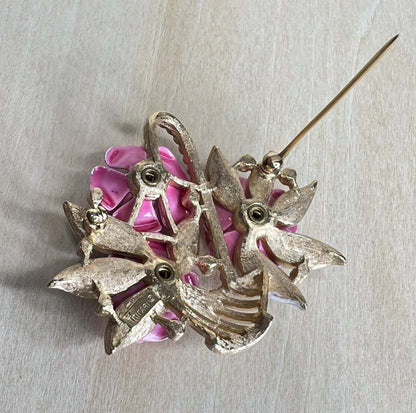 Vintage Crown Trifari Pink Rose Basket Brooch