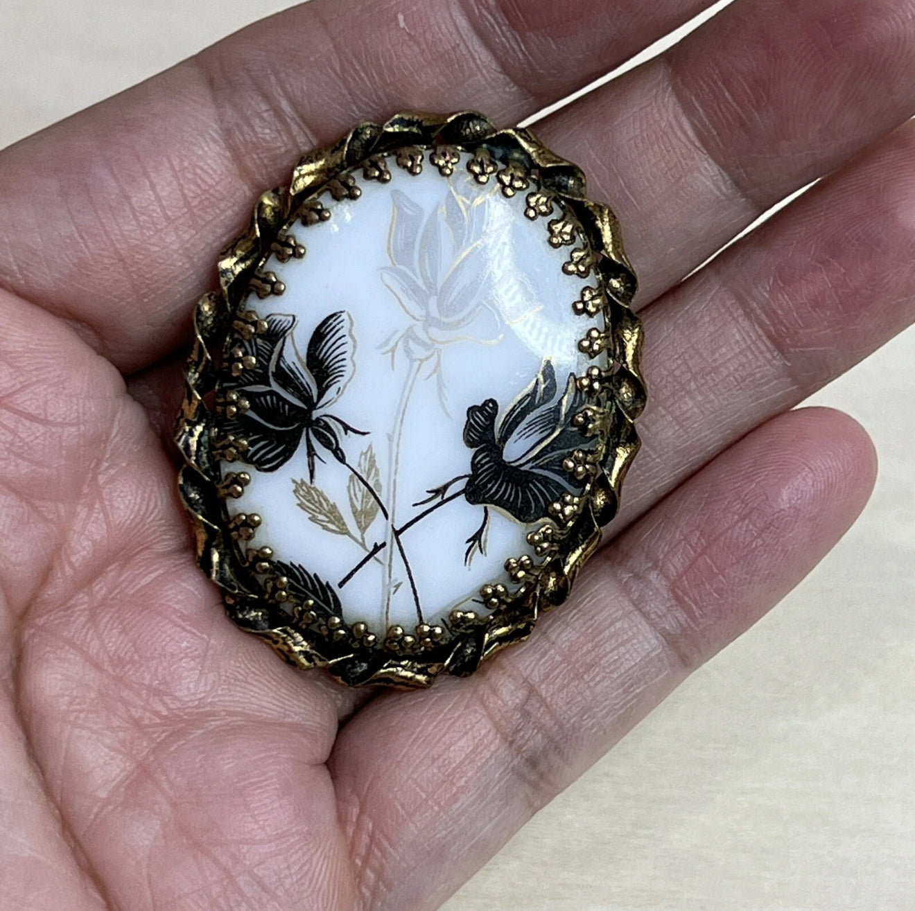 Vintage West Germany Porcelain Cameo Floral Brooch