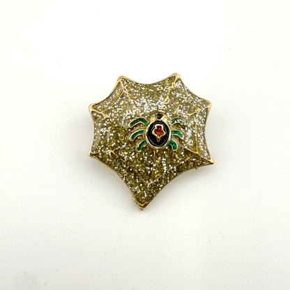 Vintage Gold Glitter Black Widow Spider Web Brooch