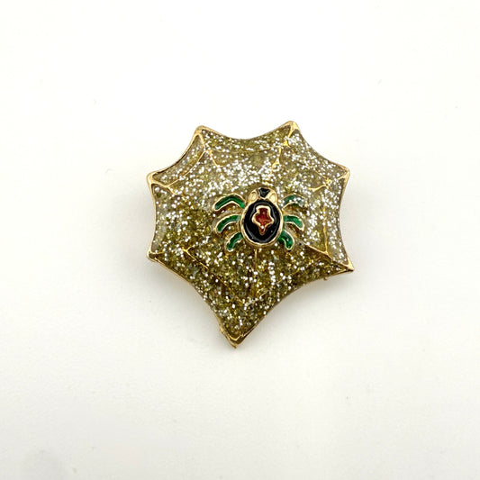 Vintage Gold Glitter Black Widow Spider Web Brooch