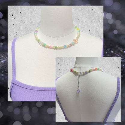 Handmade Pearls and Pastel Beaded Choker Necklace by Extra Kitsch. Stars and butterflies displayed on a mannequin.