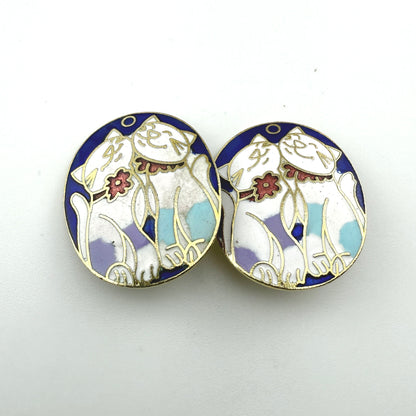 Vintage Cloisonné Cat Clip-On Earrings Gold Tone Enamel