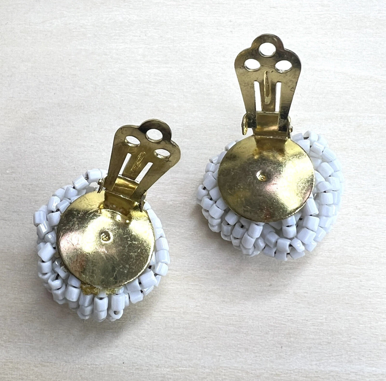 Vintage White Beaded Clip-On Knot Earrings