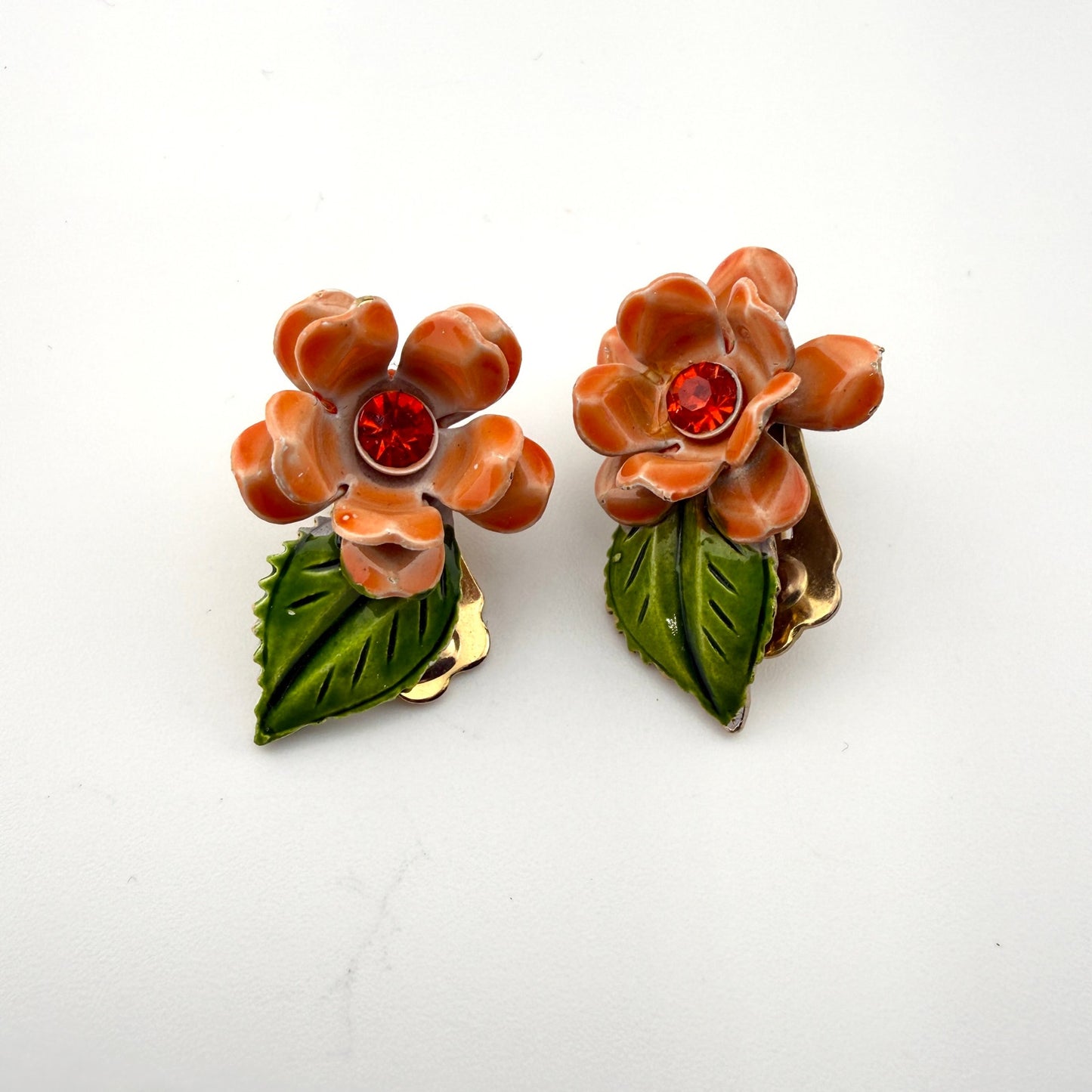 Retro Orange Flower Brooch and Clip On Earring Set