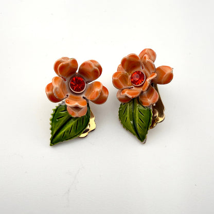 Retro Orange Flower Brooch and Clip On Earring Set