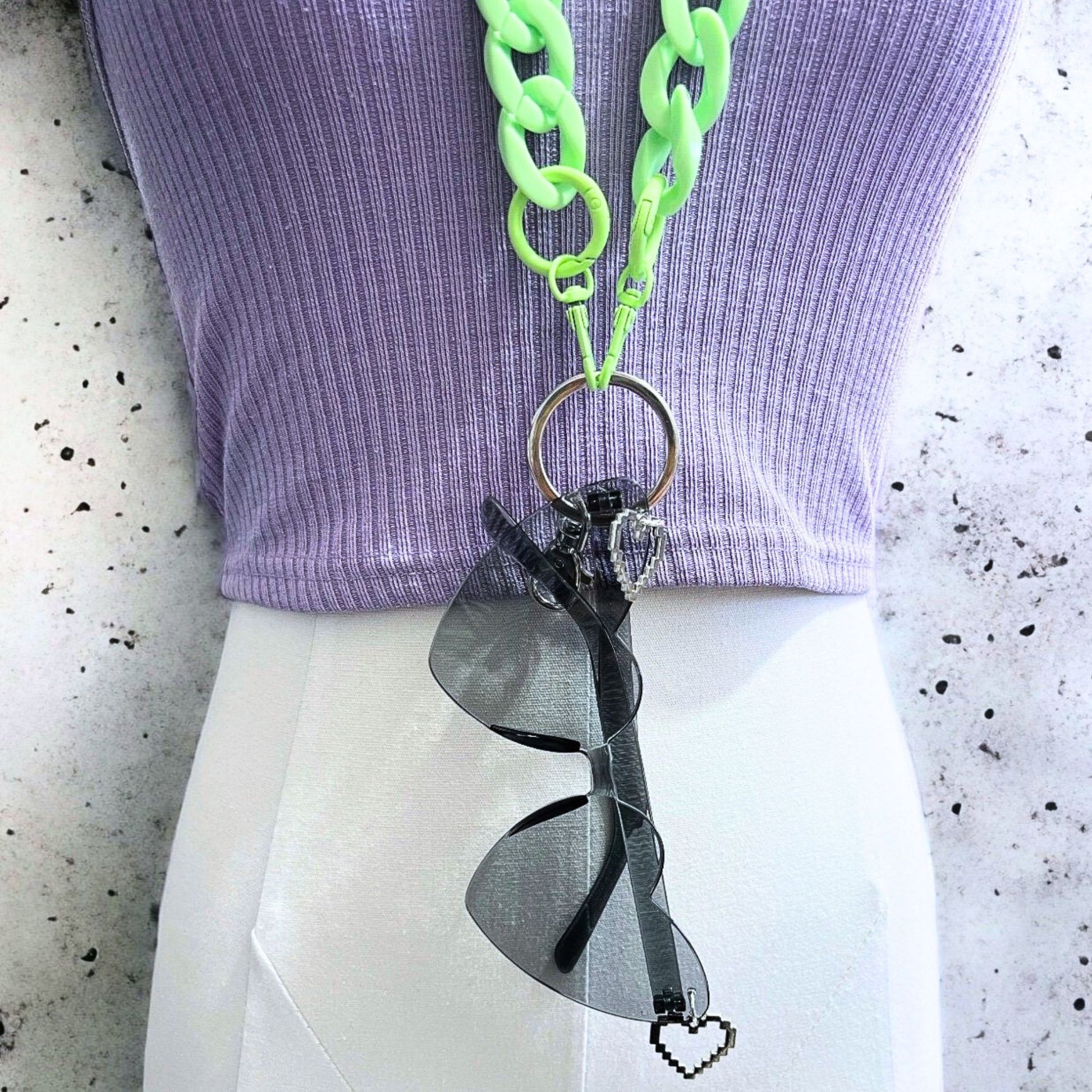Versatile Green Chunky Chain Link Lanyard for glasses, keys, badges, or masks. Displayed on a mannequin as a glasses lanyard.