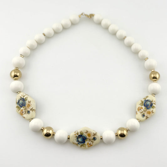 Vintage Japan White Beaded Floral Necklace
