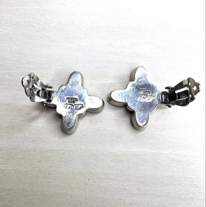 Vintage Mexican 925 Sterling Silver and Green Malachite Clip-On Earrings