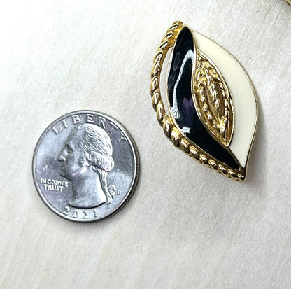 Vintage Trifari Black & White Enamel Leaf Clip On Earrings