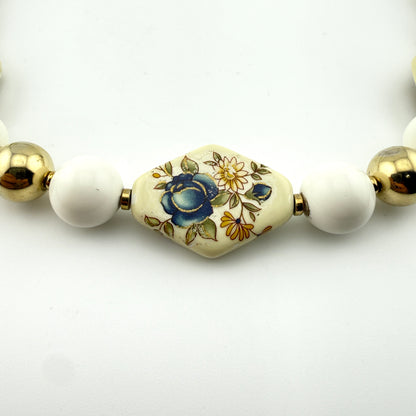 Vintage Japan White Beaded Floral Necklace