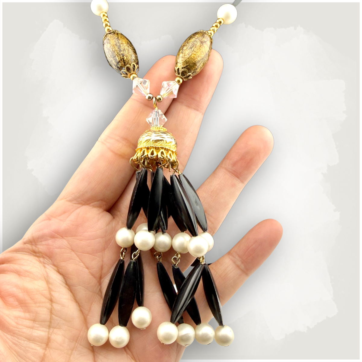 Vintage Black & Gold Beaded Tassel Flapper Necklace
