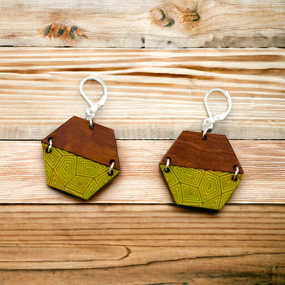 Geometric bohemian wood engraved hexagon handmade earrings