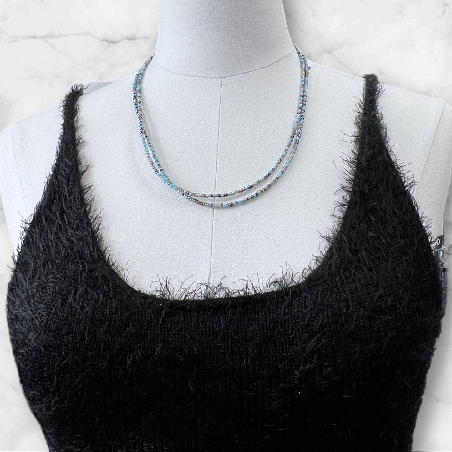 Super Long and Dainty Blue Beaded Wrap Necklace