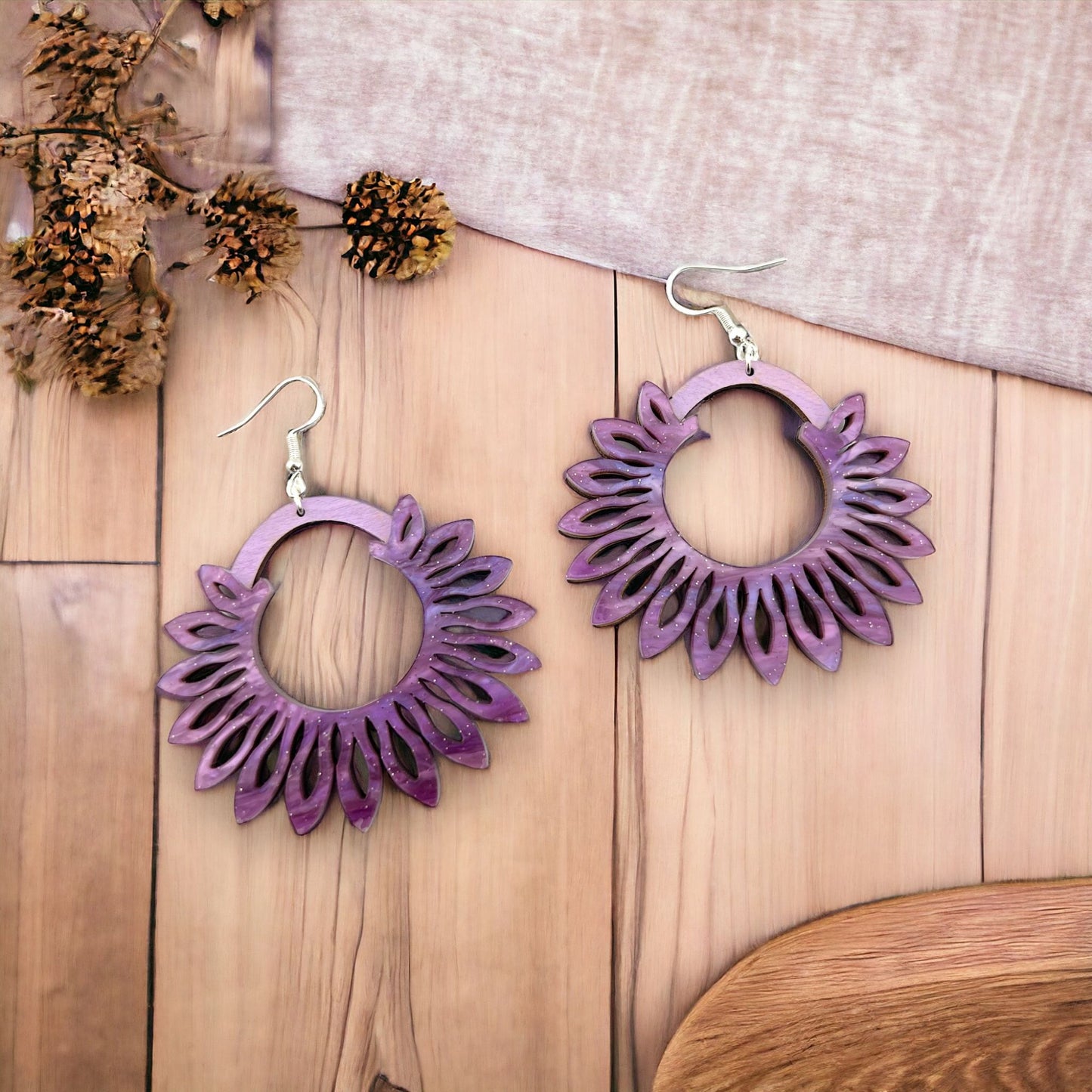 Purple Flower Petal Acrylic and Wood Hoop Earrings