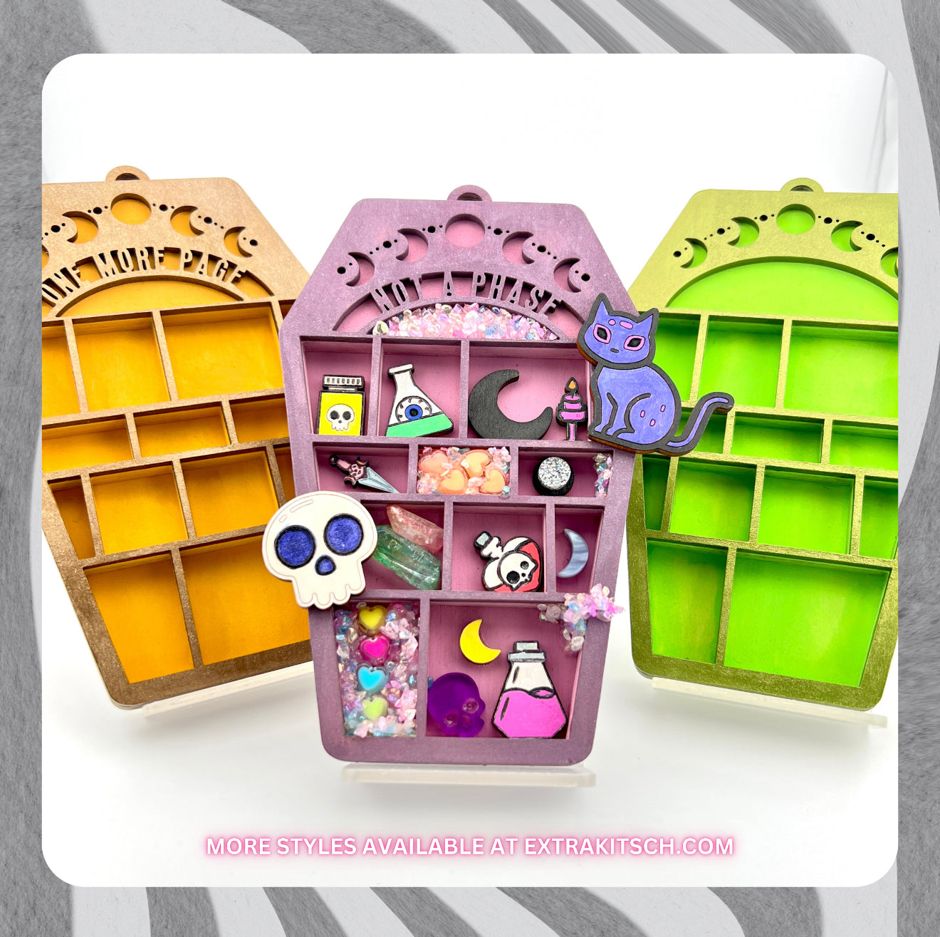 Hex the Patriarchy Mini Coffin Bookshelf – Handmade Feminist Curio Shelf with Miniatures