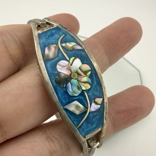 Vintage Silver 925 Abalone Bracelet Blue Mosaic Hinged Bangle