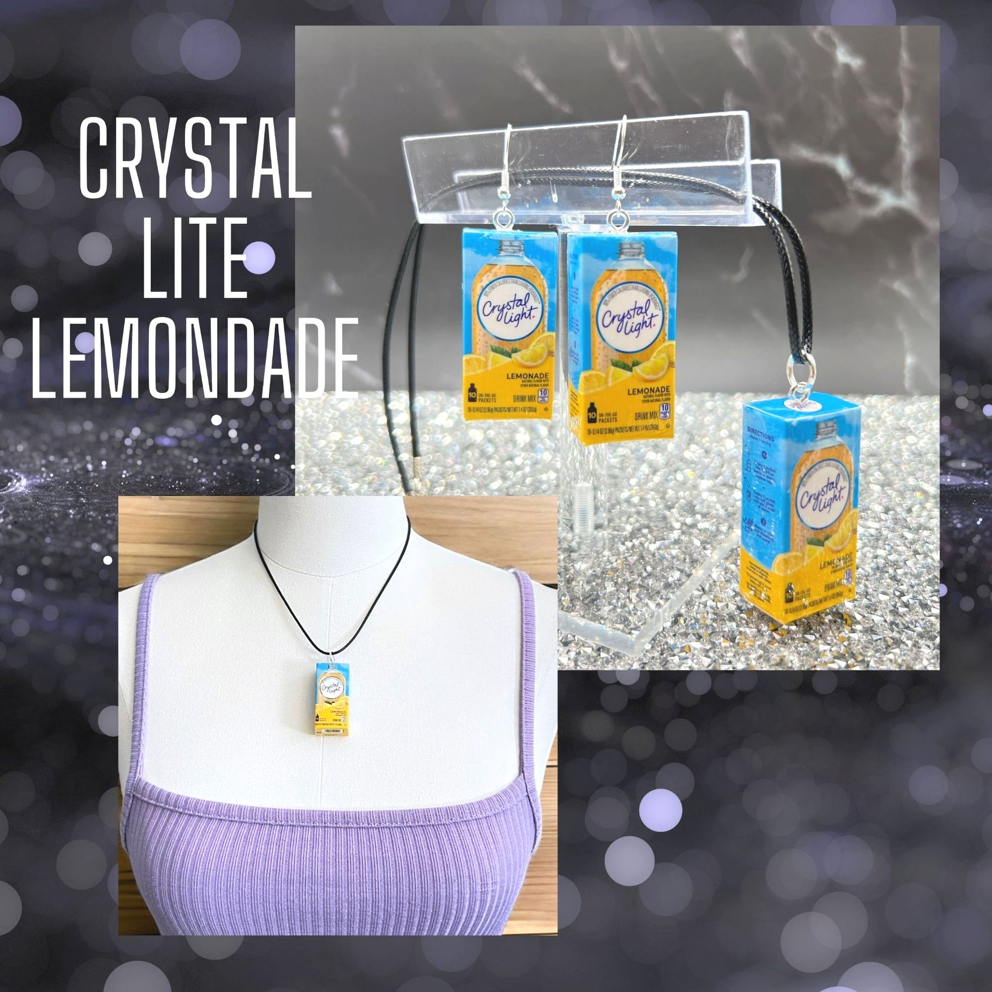 Quirky Mini Food Earrings and Necklace Gift Set—funny, upcycled jewelry for a touch of whimsy. Perfect novelty gift for any occasion! Displaying the Crystal Light Lemonade set.