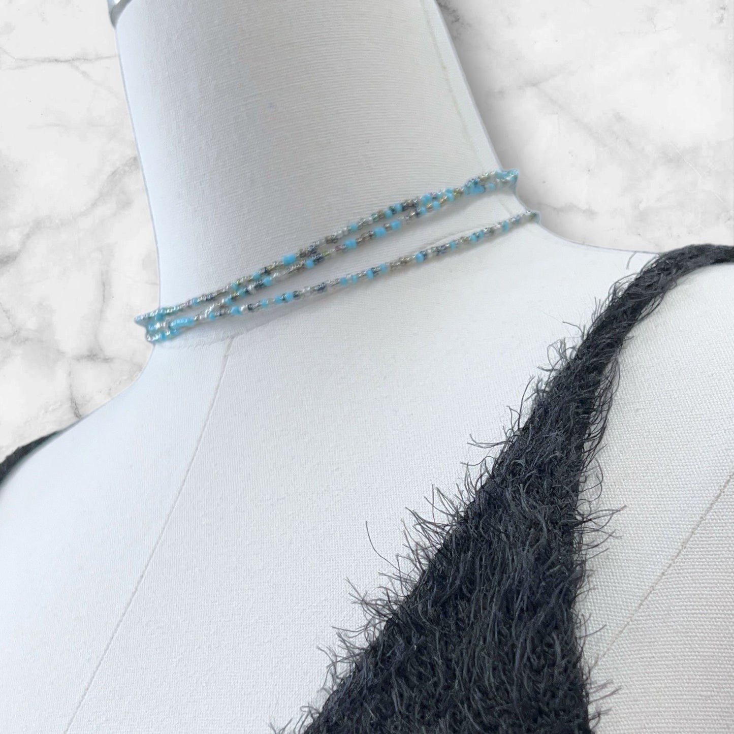 Super Long and Dainty Blue Beaded Wrap Necklace