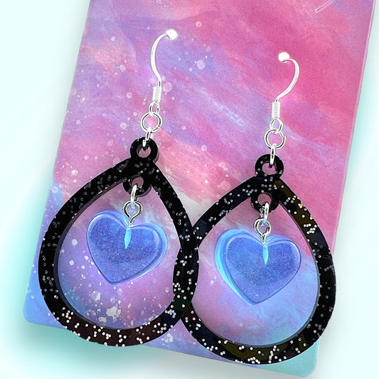 Jelly Heart Black Glitter Hoop Earrings