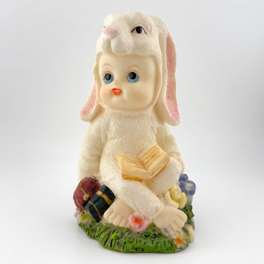 Vintage Bunny Baby Figurine with Book – Whimsical Kitsch Decor