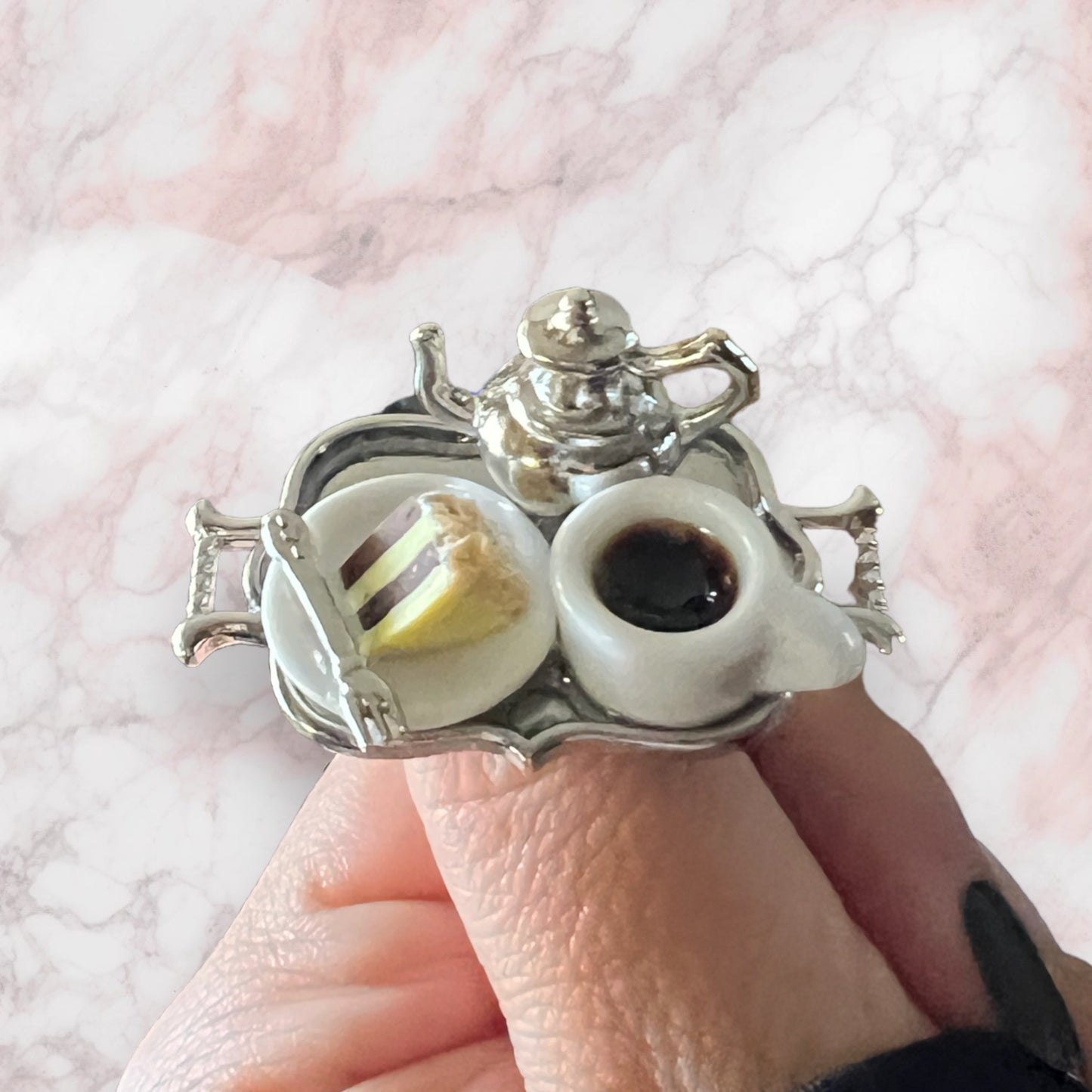 Gaudy Tea Tray Party Ring - Mini Food Coffee Cup and Saucer Kitsch Jewlery