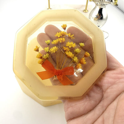 Vintage Lucite Vanity Trinket Box with Dried Yellow Flowers Embedded