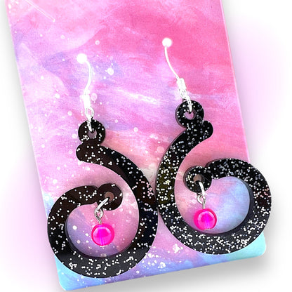 Hot Pink Beaded Black Glitter Swirl Hoop Earrings