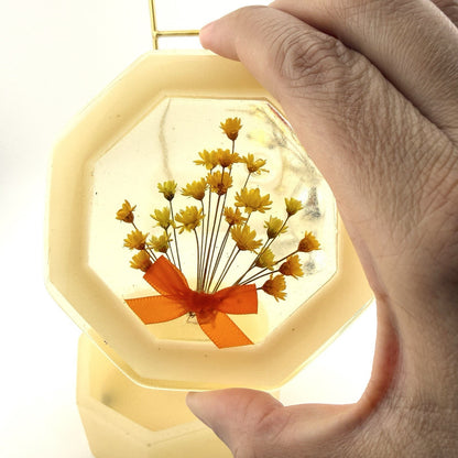 Vintage Lucite Vanity Trinket Box with Dried Yellow Flowers Embedded