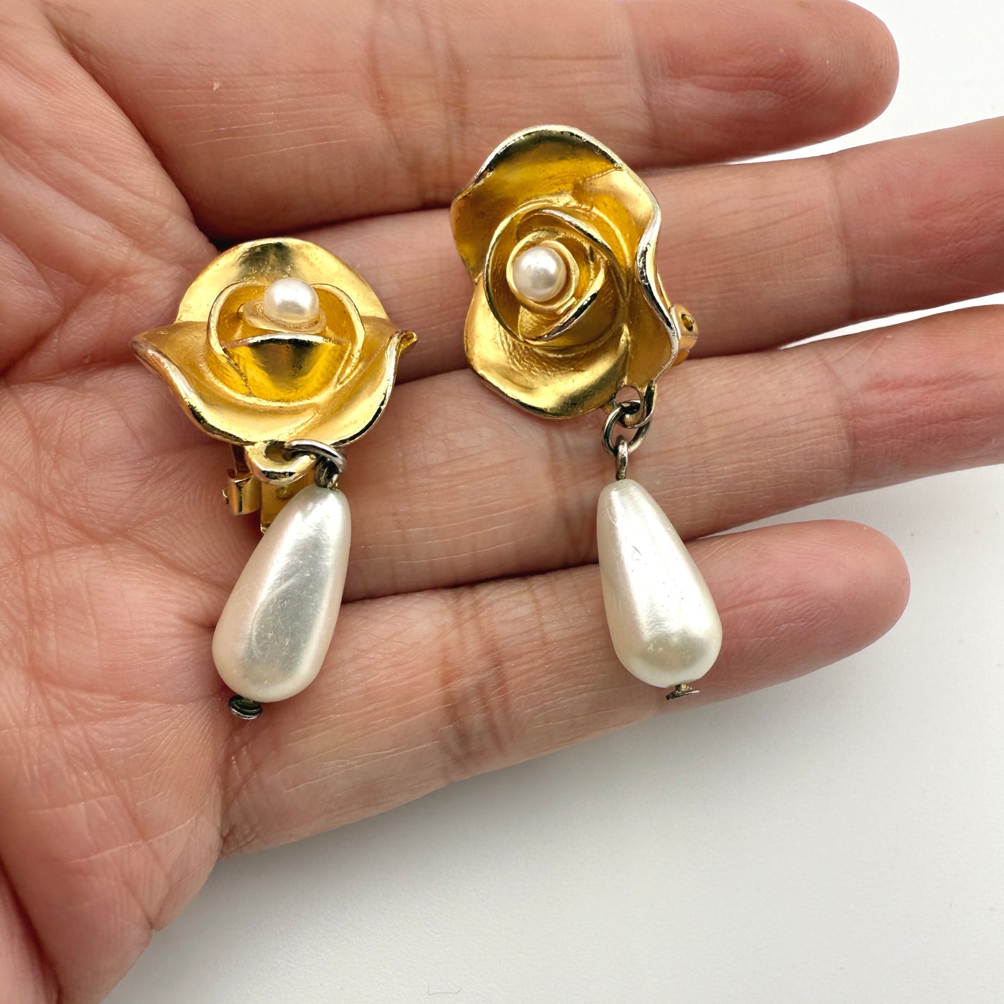 Elegant Rose and Pearl Vintage Clip on Earrings