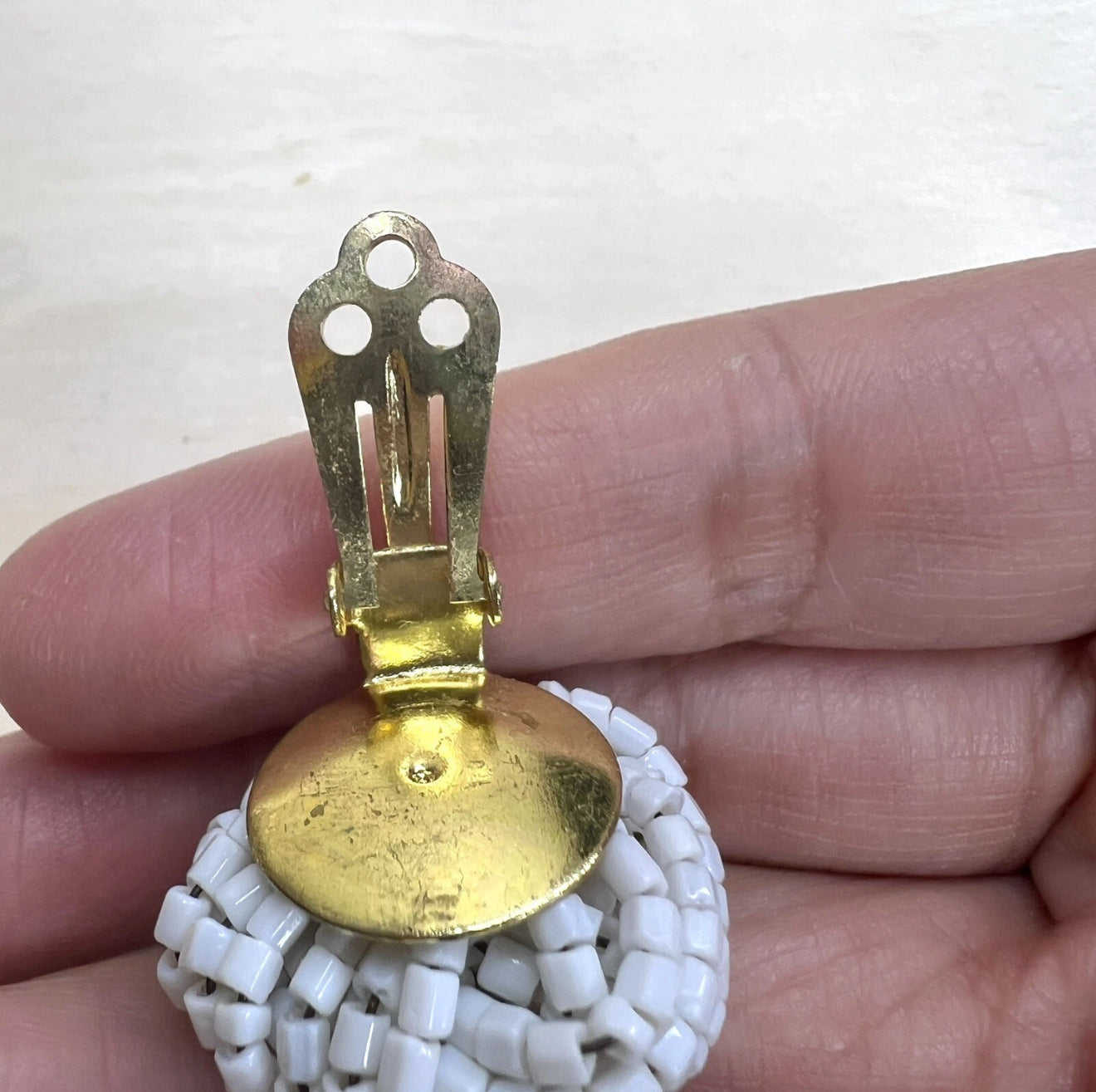 Vintage White Beaded Clip-On Knot Earrings