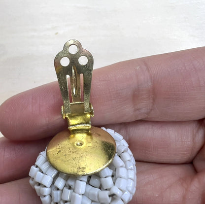 Vintage White Beaded Clip-On Knot Earrings