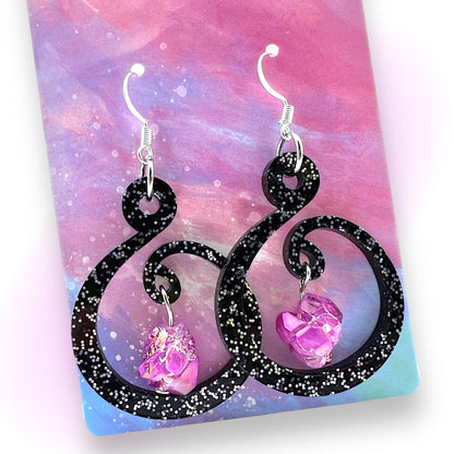 Pink Quartz Black Glitter Swirl Hoop Earrings
