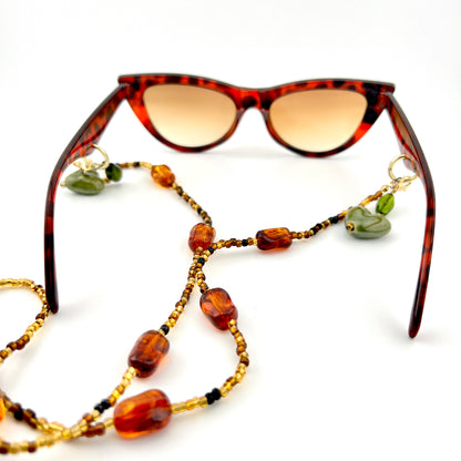 Retro Glam Tortoiseshell Festival Sunglasses with Amber Beaded Chain