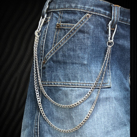 Silver wallet chain made with double Cuban link stainless steel chains. Displayed on a mannequin.