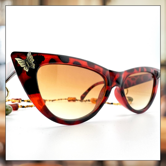 Retro Glam Tortoiseshell Festival Sunglasses with Amber Beaded Chain